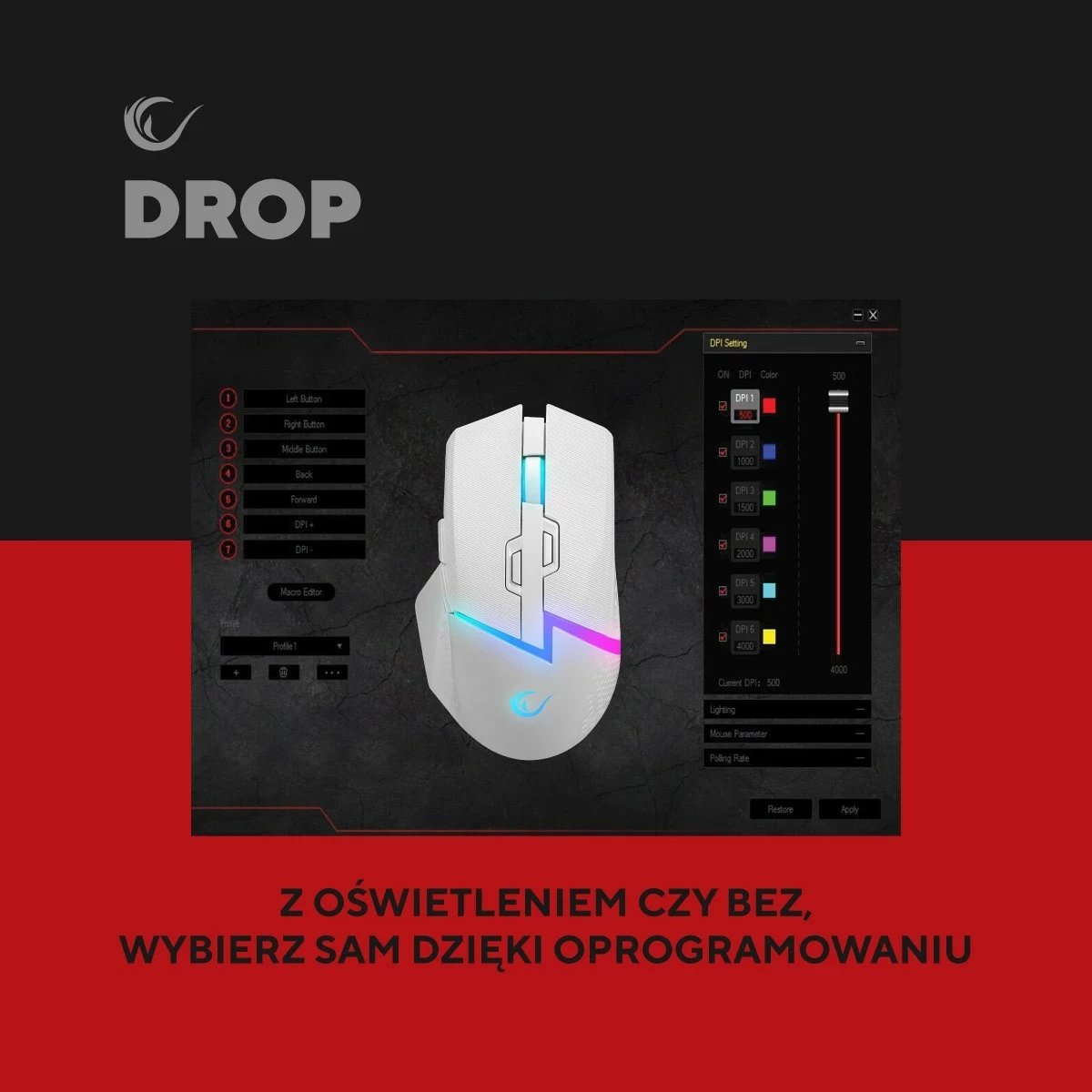 Maus Rampage DROP M3 RGB 1000Hz 10000 DPI i bardhë