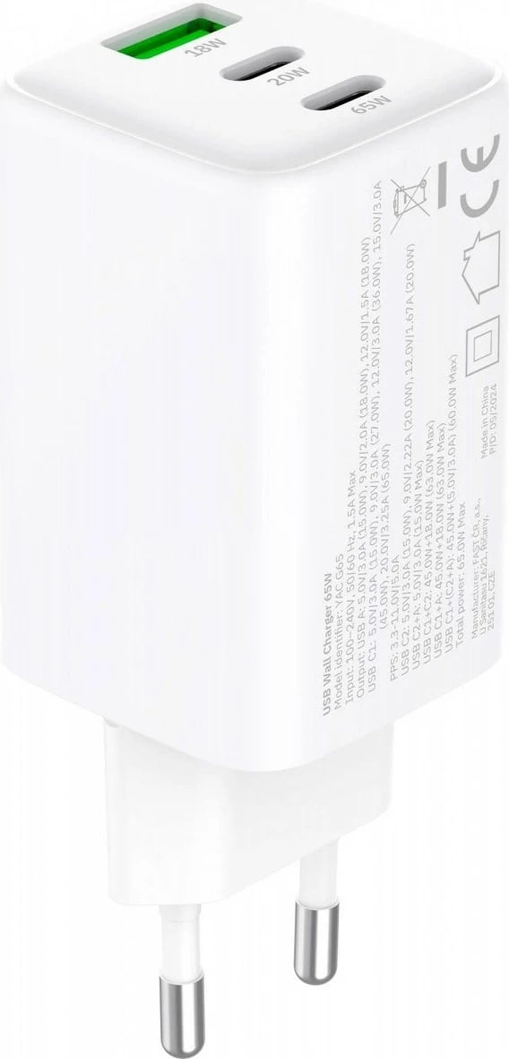 Karikues rrjeti YENKEE YAC G65 VOLT, 65W, 3xUSB, i bardhë