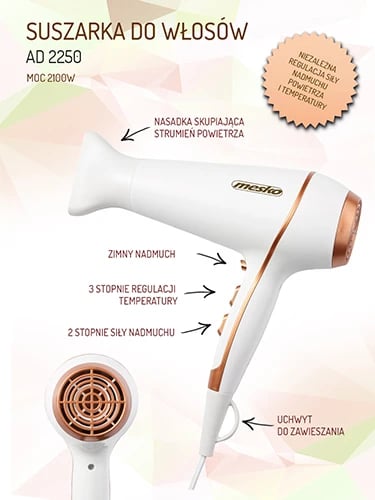 Tharëse flokësh, Adler Mesko, MS 2250, 2100W, 2 shpejtësi, 3 temperatura, Cold Shot, me koncentrator, e bardhë/rozë gold
