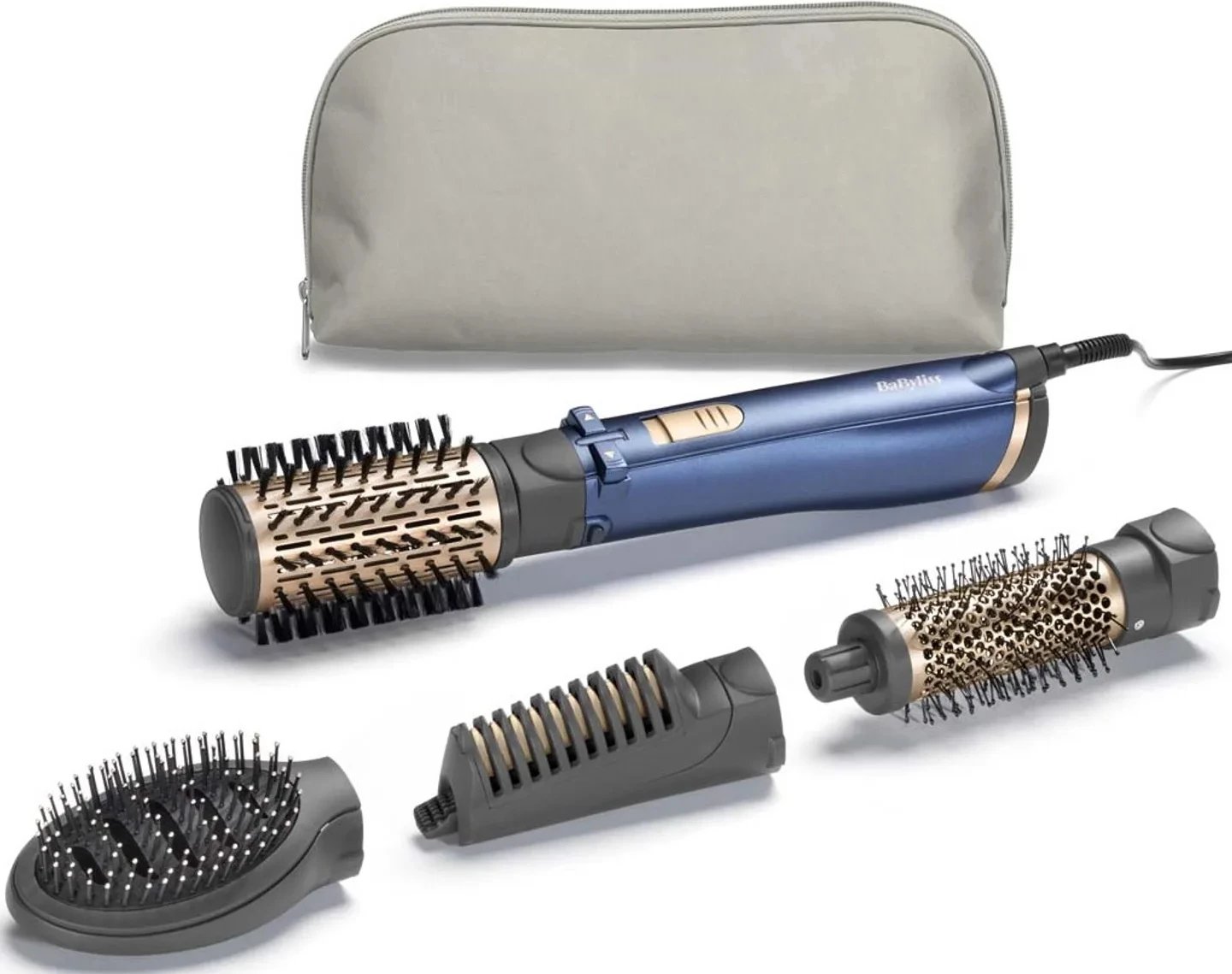 Stajler flokësh me ajër rrotullues, BaByliss AS965E, 1000W, 4 në 1, furçë 38 mm, jonizim, 2 temperatura + ajër i ftohtë, kabllo 2.2 m, blu, set me 4 koka