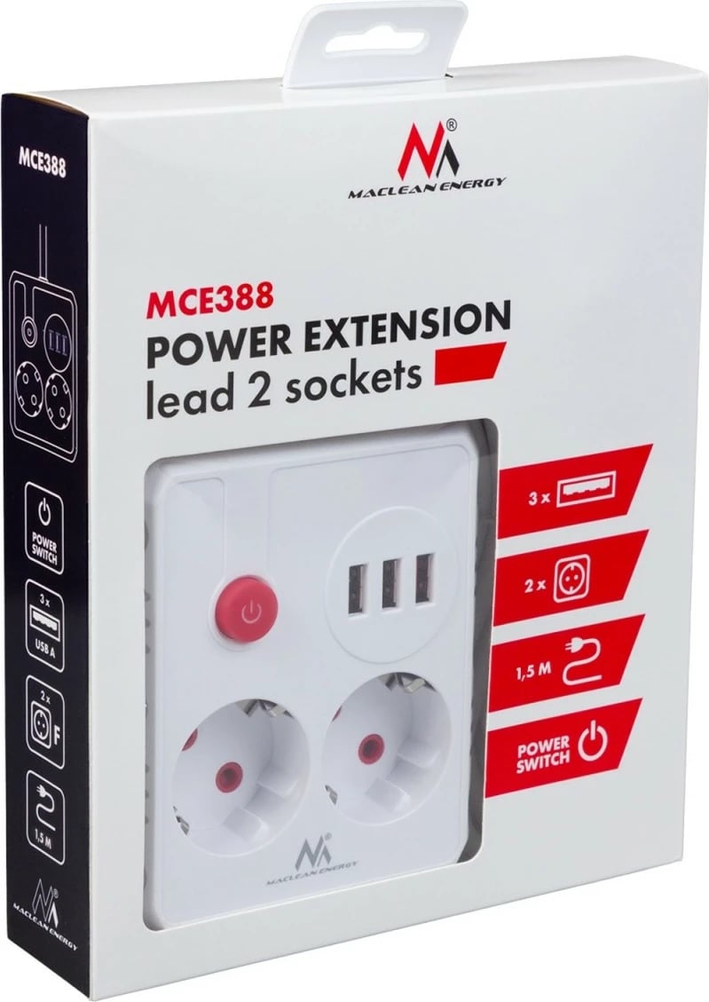 Zgjatës rryme Maclean MCE387 W 2x Schuko 3x USB 2.1A 2500W 1.5 m 110-240V i bardhë
