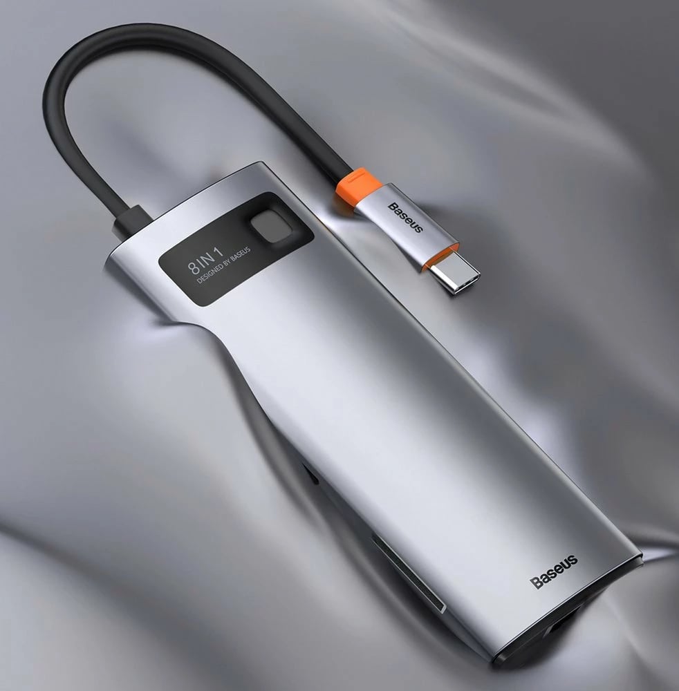 HUB Baseus Metal Gleam 8in1, USB-C, HDMI 4K, RJ45, 100W PD, Gri