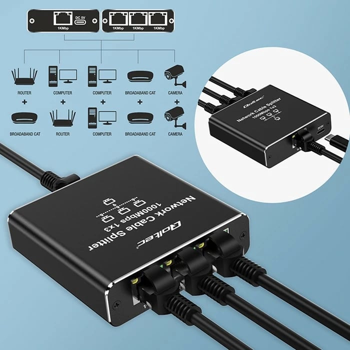Switch i vogël Qoltec 52294, 3 porta RJ45, 1Gb/s, alumini, USB-C