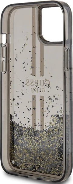 Mbështjellës Guess Liquid Glitter Gold Stripes për iPhone 15 Plus / 14 Plus, e zezë