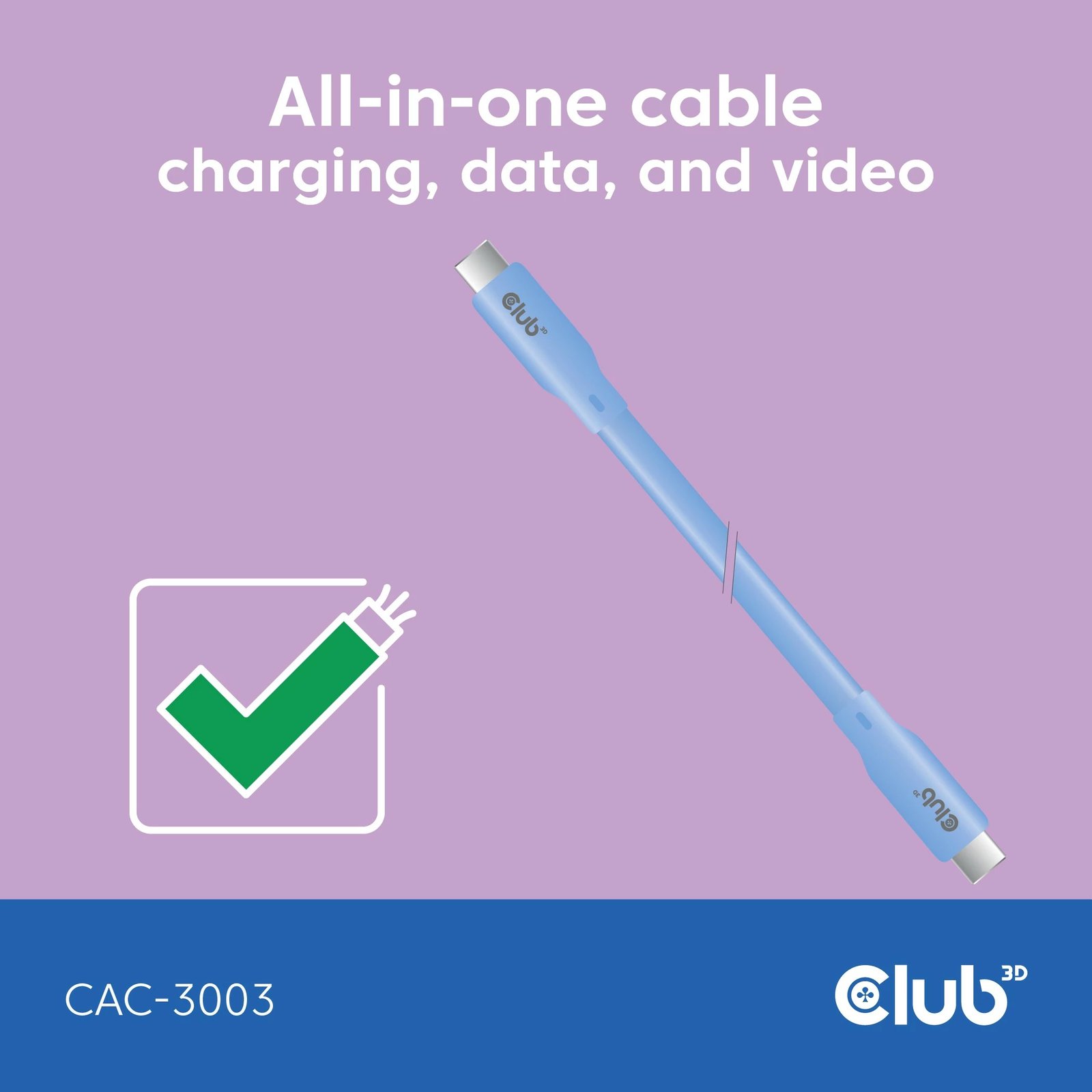 Kabllo USB-C Club3D CAC-3003, 2m, 240W, 20Gbps, blu