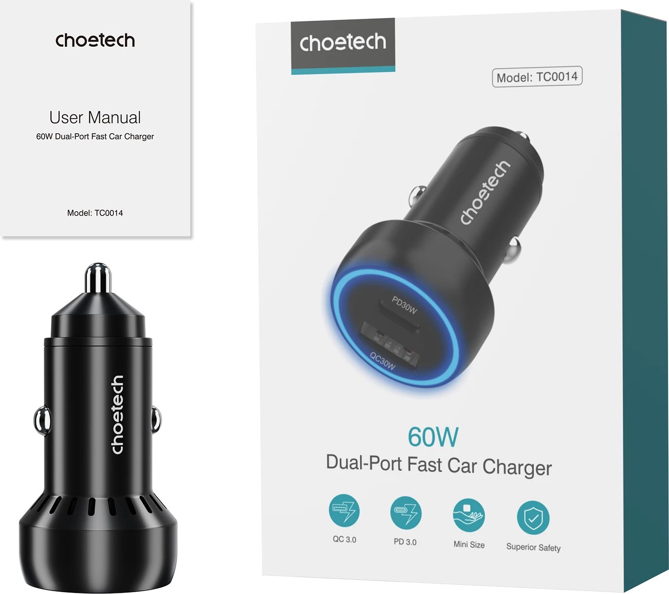 Karikues veture Choetech TC0014, 60W, 2 porte USB-C/USB-A, i zi