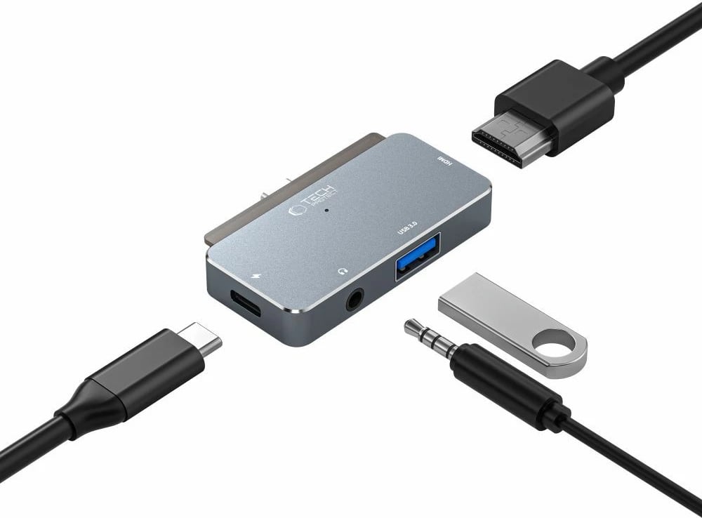 HUB Tech-Protect V6 4in1 USB-C, USB-A 3.0, HDMI, mini jack 3.5mm, gri