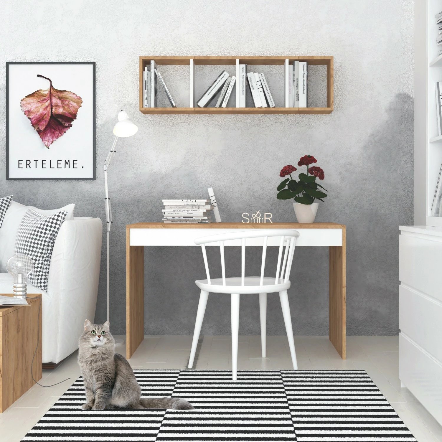 Set tavoline studimi Hanah Home, Ertel, ngjyrë lisi, me raft muri