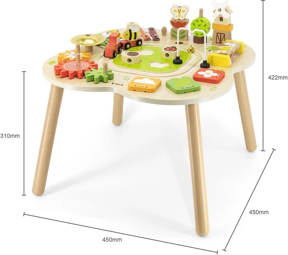 Tavolinë aktiviteti druri, Viga Farm, ah druri, për fëmijë 18m+, multingjyrëshe