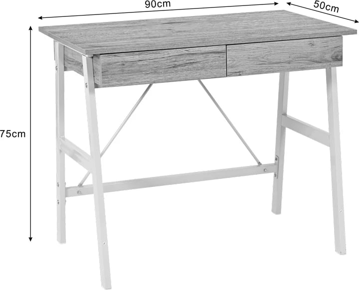 Tavolinë pune me sirtarë Lione, ngjyrë lisi me këmbë metalike të bardha, 90x50x75cm