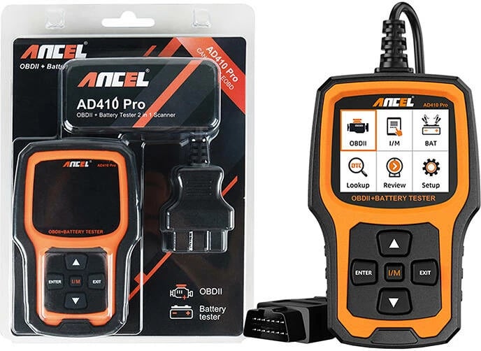 Skaner diagnostikues 2-në-1 Ancel AD410 PRO, OBD2 dhe testues baterie, Portokalli
