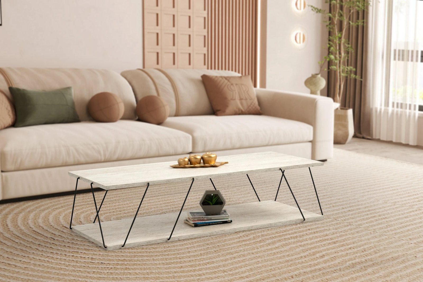 Tavolinë kafeje Skye Decor, Labranda, ngjyrë travertine, e zezë