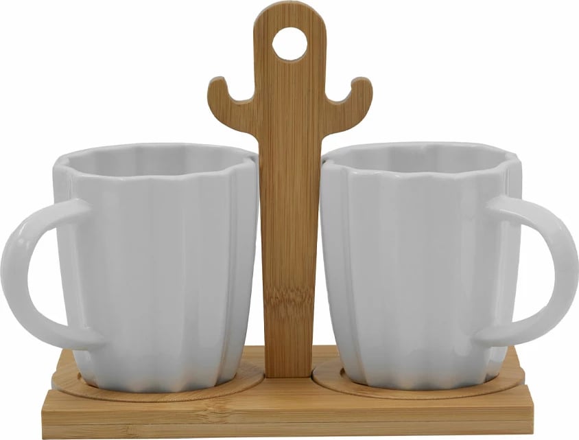 Set filxhanësh espresso Cactus, porcelan i bardhë, bambu natyral, 2 copë, 20x12x17cm