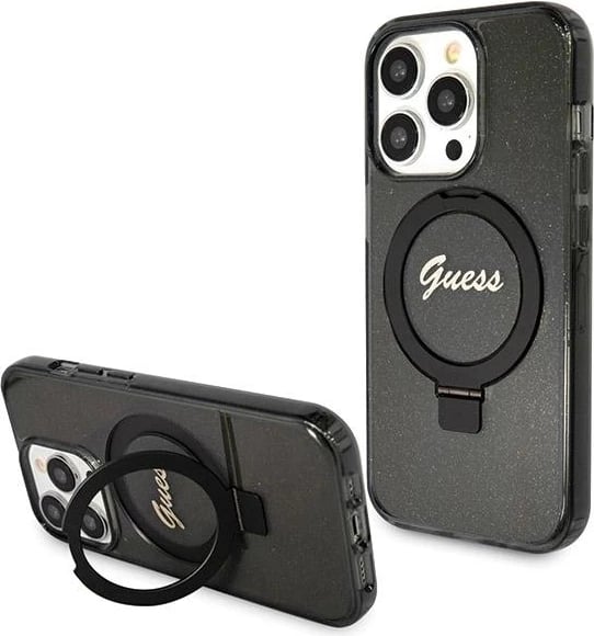 Mbështjellës Guess Ring Stand Script Glitter MagSafe për iPhone 13 Pro Max, i zi