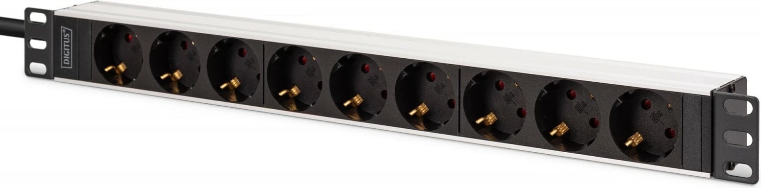 PDU listë rryme rack 19" Digitus DN-95440, 1U, 9 priza Schuko 45°, IEC C20, kabllo 2 m, 16A, alumini, e zezë/argjend PDU listë rryme rack 19" Digitus DN-95440, 1U, 9 priza Schuko 45°, IEC C20, kabllo 2 m, 16A, alumini, e zezë/argjend