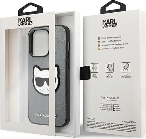 Mbështjellës Karl Lagerfeld KLHCP14LSAPCHG për iPhone 14 Pro 6.1", Saffiano Choupette, Argjend