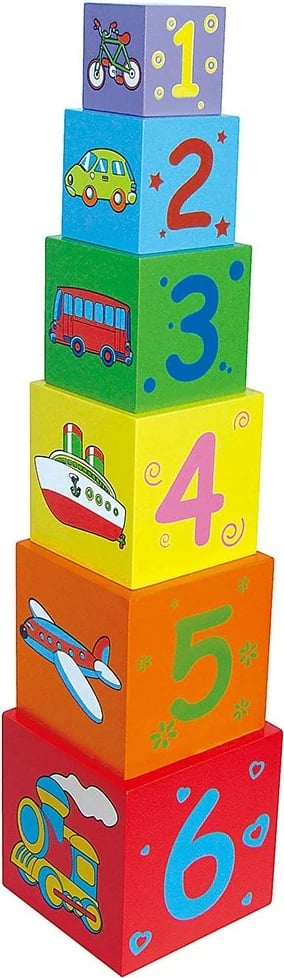 Kuba druri piramidë edukative, Viga, set 6 copë, për 12m+, 22×12×12 cm, multicolor