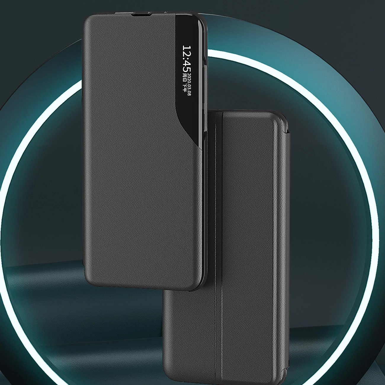 Mbështjellës Hurtel Eco Leather View Case për Xiaomi Redmi 11A / Poco C55 / Redmi 12C, me kapak dhe mbajtëse, e zezë