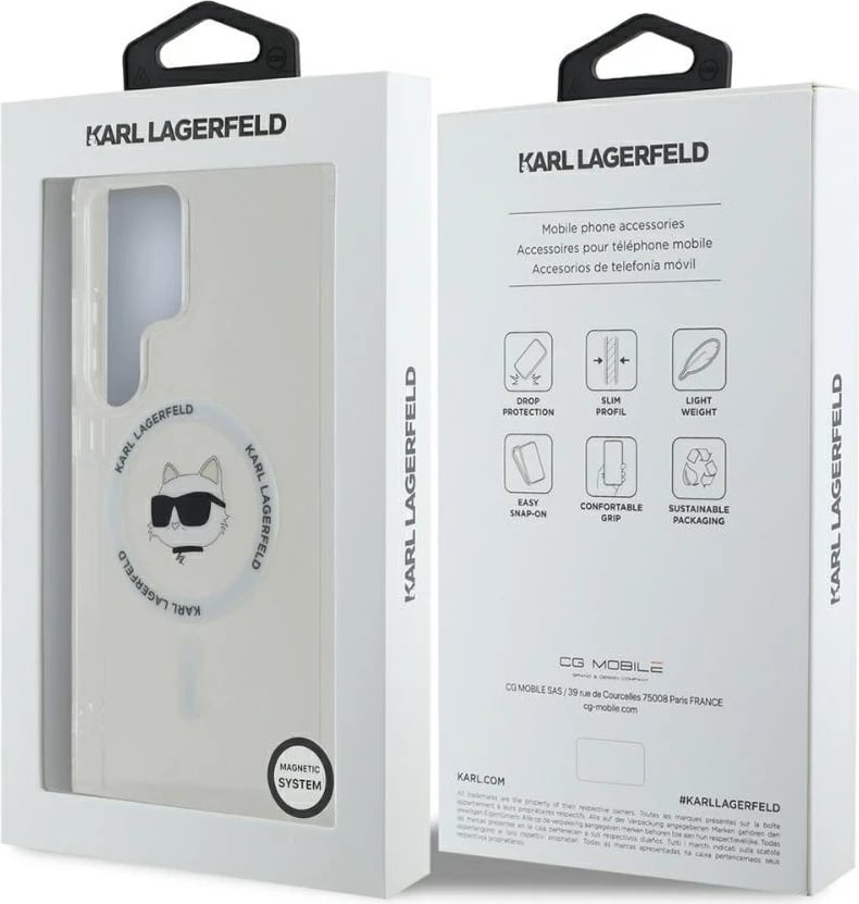 Mbështjellës Karl Lagerfeld Button Choupette Head Printed Logo MagSafe për Samsung Galaxy S25 Ultra, Bardhë
