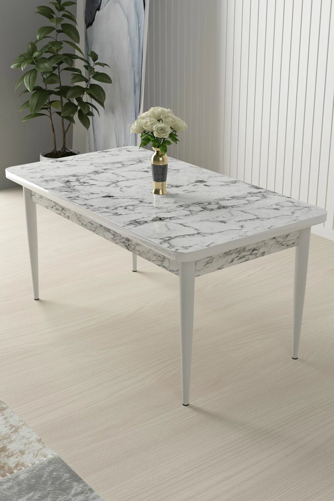 Tavolinë ngrënieje Hanah Home, ngjyrë mermeri të bardhë, e bardhë