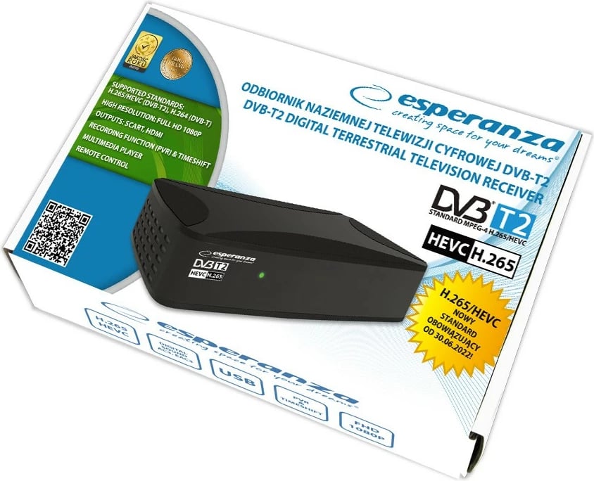 Dekoder digjital Esperanza DVB-T2, HEVC H.265, HDMI/SCART/USB, i zi