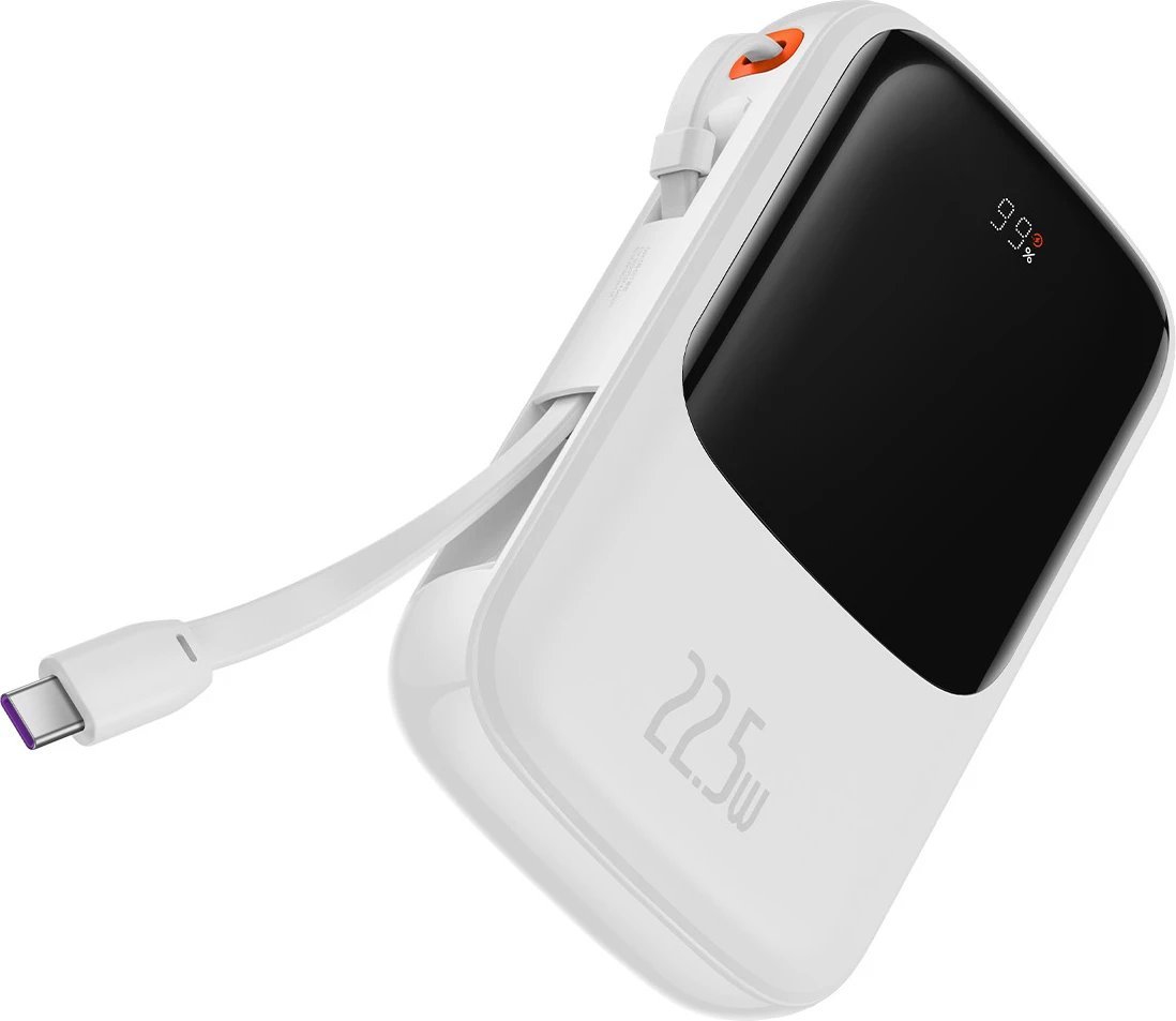 Powerbank Baseus Qpow 10000mAh me kabllo USB Type-C të integruar, 22.5W, Bardhë