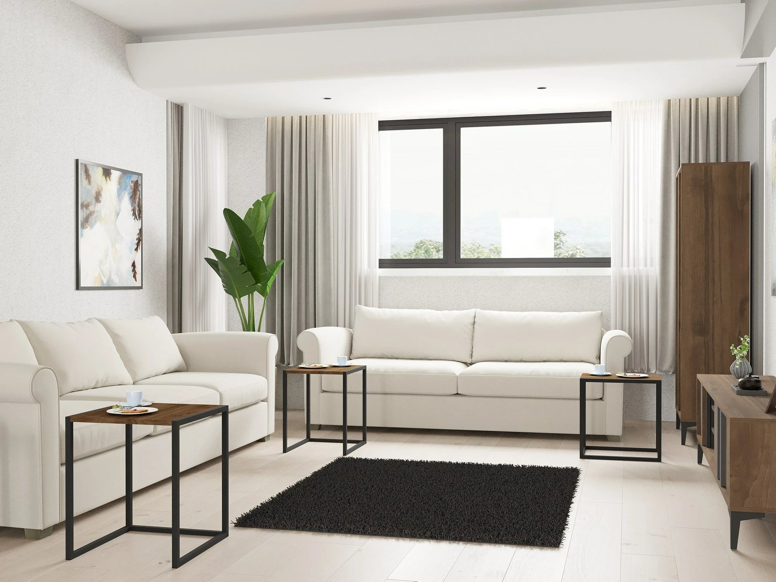 Set tavolinash ndihmëse të vendosshme, ngjyrë e zezë dhe arre, 3 copë, Hanah Home, Tali