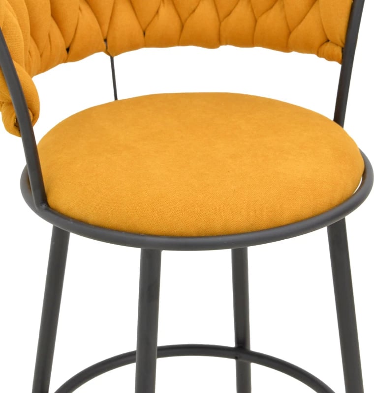 Karrige për bar Alkia, set prej 2 copë, material stof i verdhë, këmbë metalike të zeza, 50x56x95cm