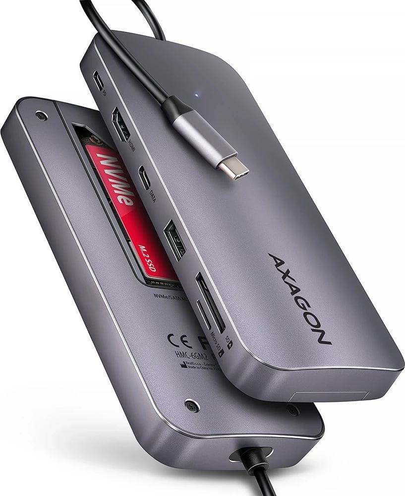 Multiport hub AXAGON HMC-6GM2, 6-në-1, USB-C 10Gbps, HDMI 4K/60Hz, M.2 NVMe/SATA, SD/microSD, PD 100W, Gri