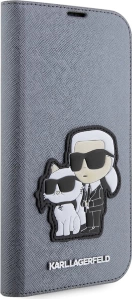 Mbështjellës Karl Lagerfeld Saffiano Karl & Choupette për iPhone 14 Pro 6.1", argjendtë