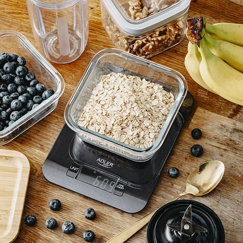 Peshore kuzhine, Adler AD 3183, kapacitet 5 kg, saktësi 1 g, ekran LCD me ndriçim, platformë çelik inox, e zezë