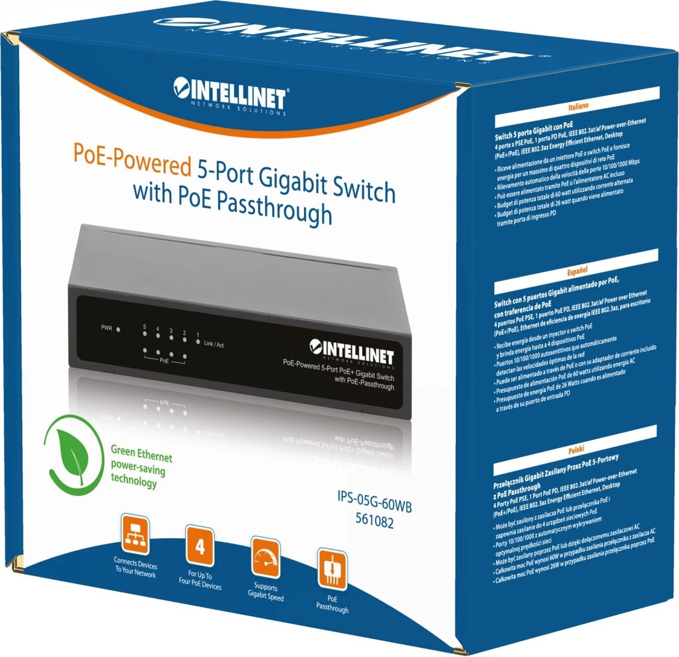 Switch Intellinet 561082, 5 Porte Gigabit PoE, i pa menaxhueshëm