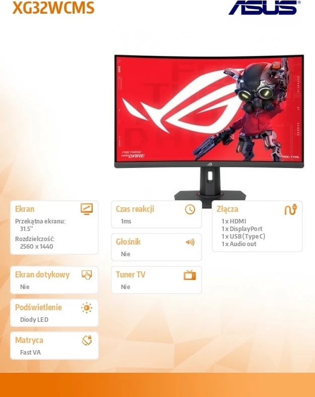 Monitor gaming Asus ROG Strix XG32WCMS, 32", 280 Hz, 1 ms, QHD, i zi