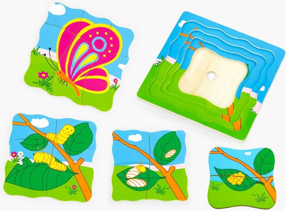 Puzzle druri, Viga, How a Butterfly Grows, 18x18 cm, multingjyrëshe