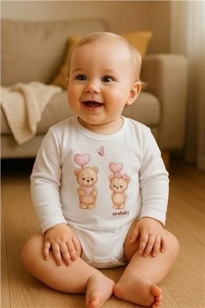 Bodi bebe, NEW BABY, Love Bears, 100% pambuk, mëngë të gjata, madhësia 62 (3-6m), e bardhë