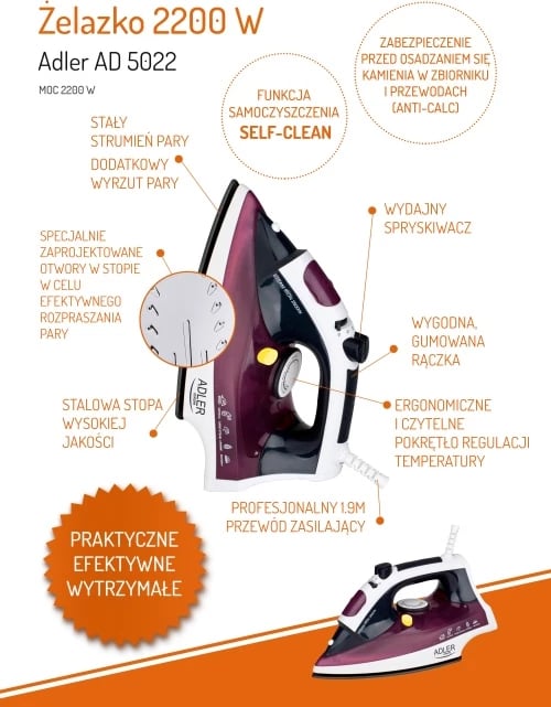 Hekur me avull, Adler AD 5022, 3000 W, shollë çelik inox, vetëpastrim, anti-kalk, vjollcë/zi