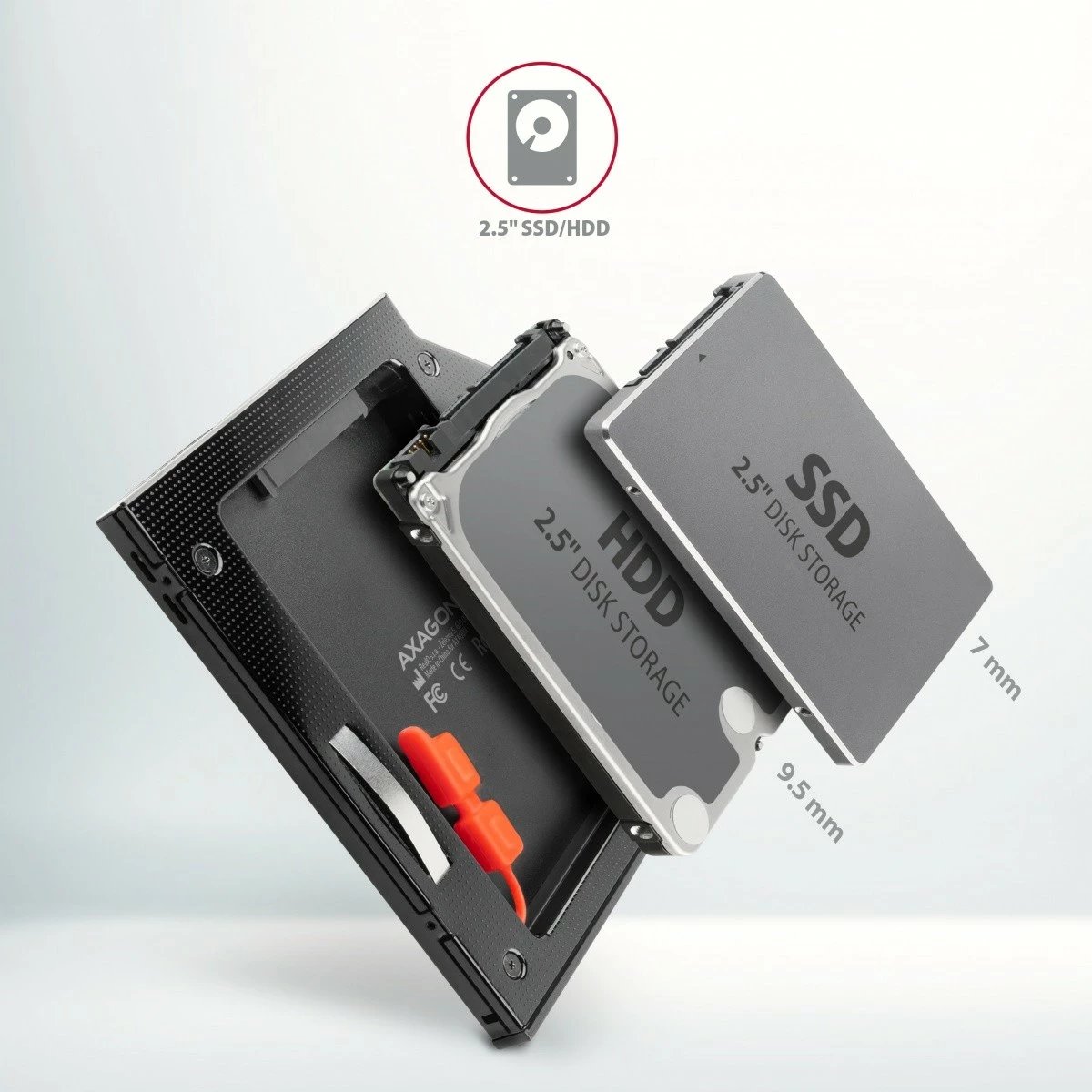 Kasë AXAGON RSS-CD09 për SSD/HDD 2.5", për slot DVD 9.5mm, Alumini, E zezë