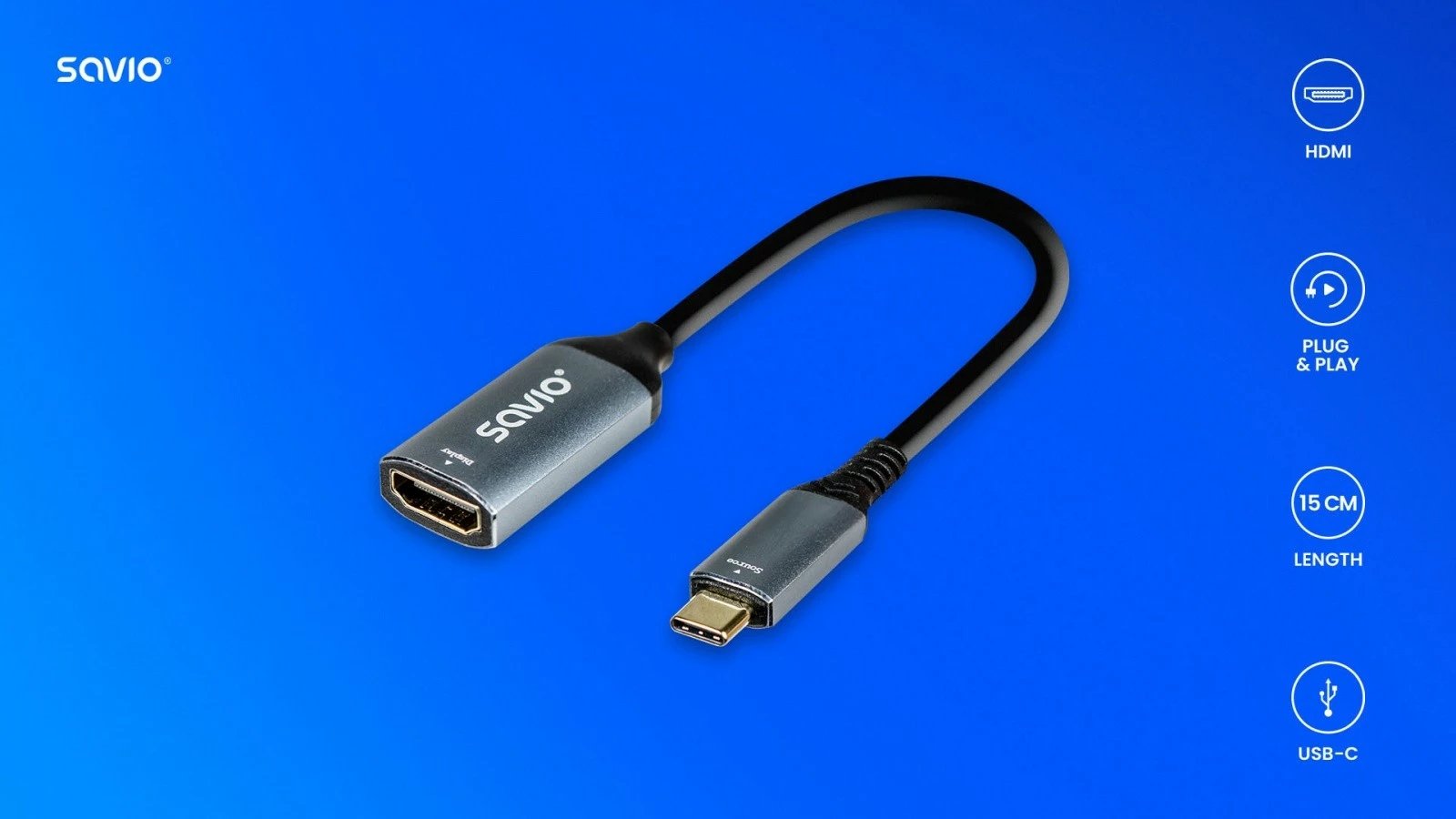 Adapter USB-C në HDMI Savio AK-78, 4K 60Hz, 15cm, zi/argjendtë