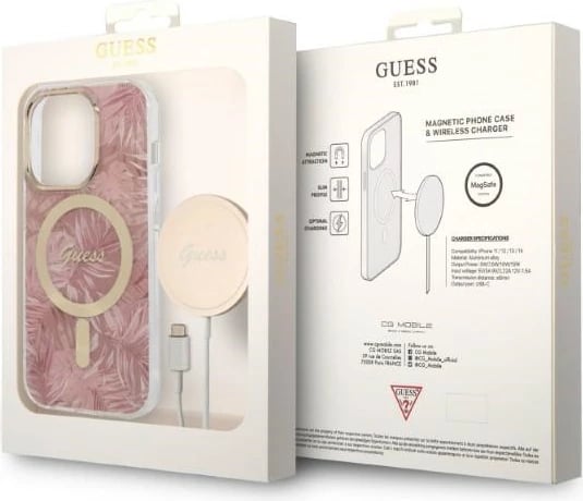 Mbështjellës Guess Jungle Collection me MagSafe + karikues wireless për iPhone 14 Pro 6.1", rozë
