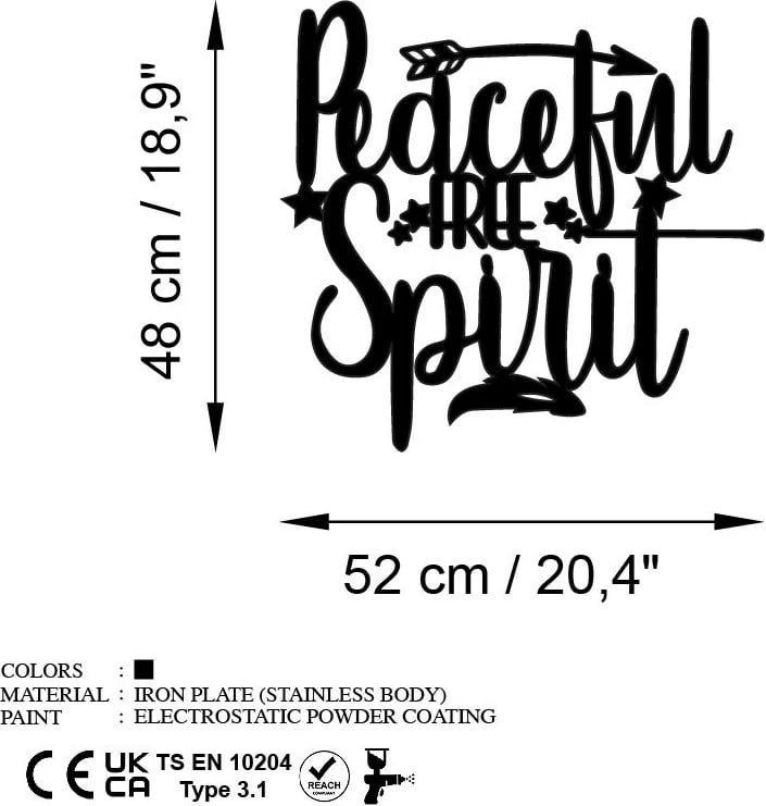 Aksesor dekorativ metalik për mur, Wallity, Peaceful Free Spirit, i zi, 52x48cm