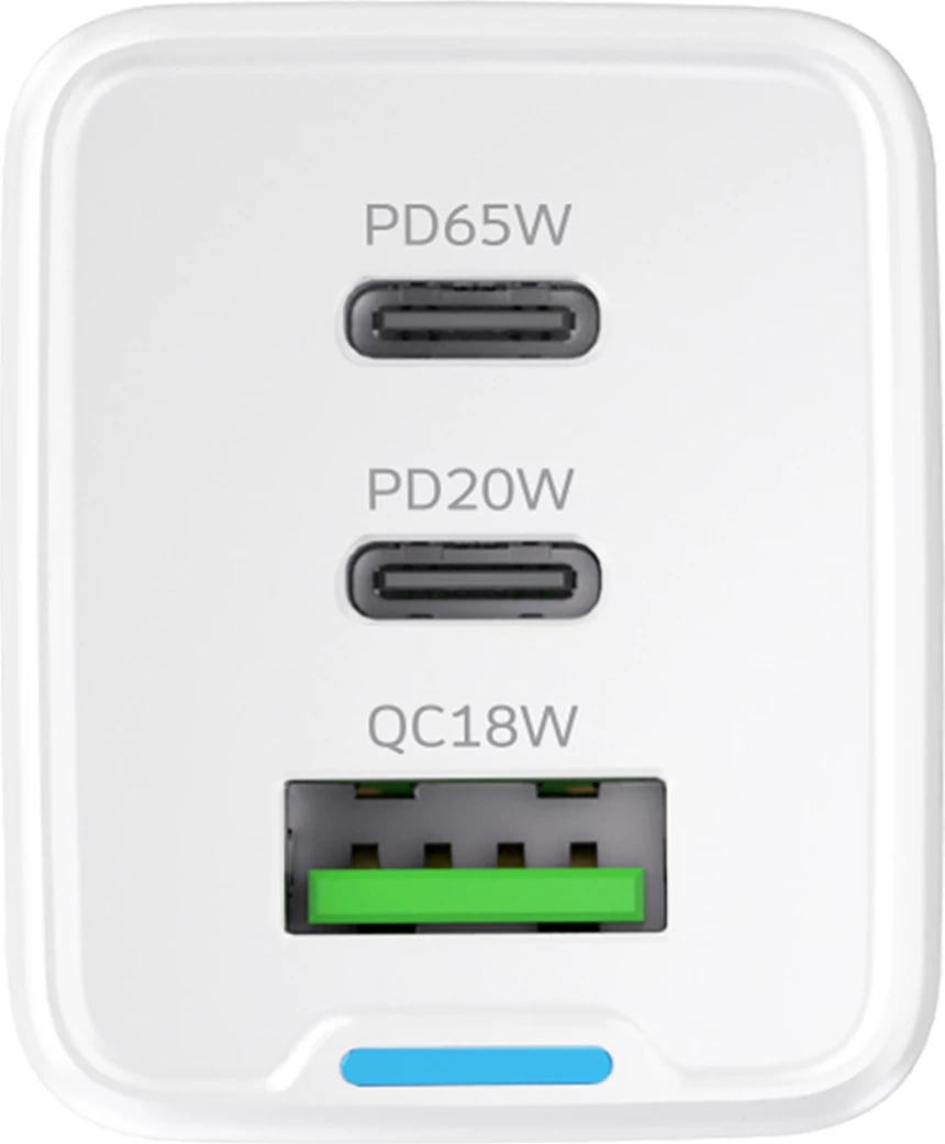 Karikues muri GaN 65W, Wozinsky WDCCBC, 2x USB-C + USB-A, PD/QC, prizë EU, me kabllo USB-C 65W 1m, i bardhë