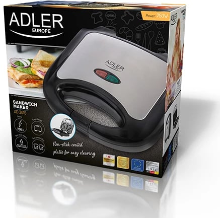 Tostier Adler AD 3015, 850W, pllaka jo-ngjitëse, tregues gatishmërie, këmbë kundër rrëshqitjes, zi/argjend
