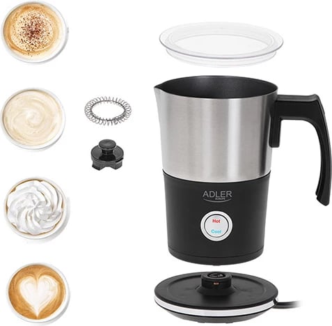 Shkumues qumështi, Adler, AD 4497, 300 ml/120 ml, 500-600W, bazë 360°, gotë pa kabllo, e zezë me Inox