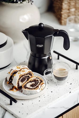 Kafetiere moka, Adler AD 4421, 300 ml deri në 6 filxhanë, për soba elektrike/gazi/qeramike/halogjene, e zezë
