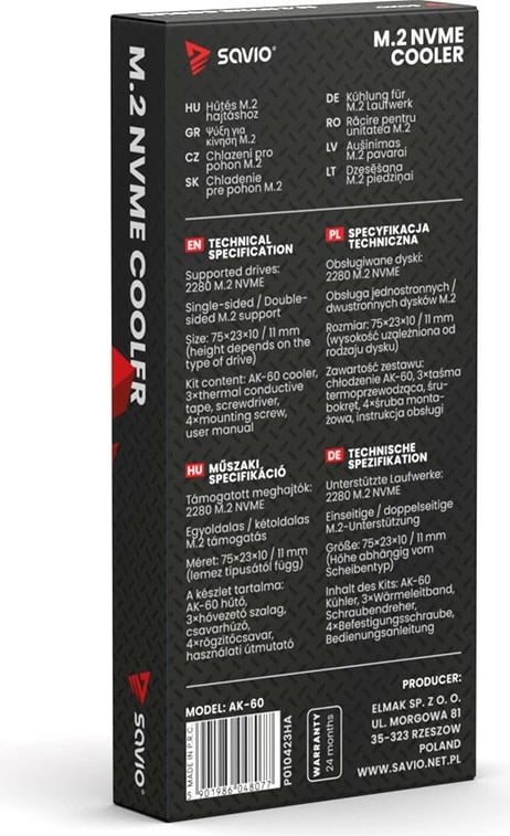 Ftohës për M.2 NVMe Savio AK-60, për PC dhe PS5, i zi
