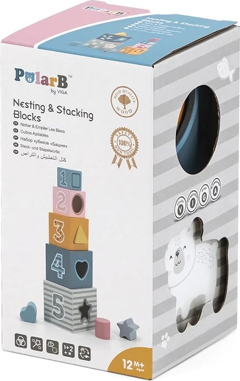Piramidë druri me numra, Viga Polar Bear, 5 kube + sorter formash, 24M+, multingjyrëshe