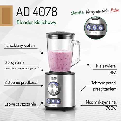 Blender, Adler AD 4078, 1.5L gotë qelqi, 800W nominal 1700W max, 2 shpejtësi, programe smoothie/ice crush/pulse, trup inoks