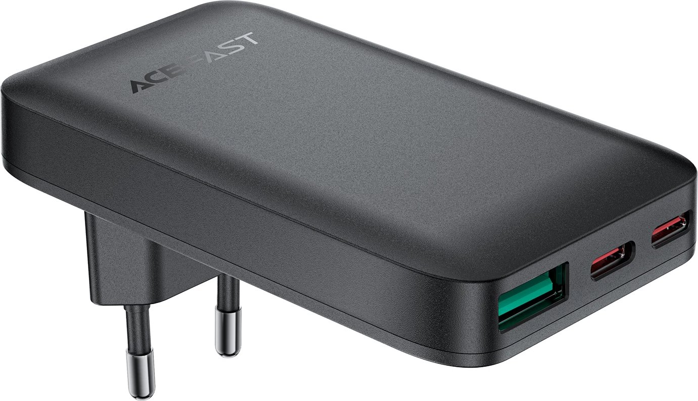 Karikues Acefast A100, 65W, GaN, 2x USB-C + USB-A, ultra i hollë, i zi