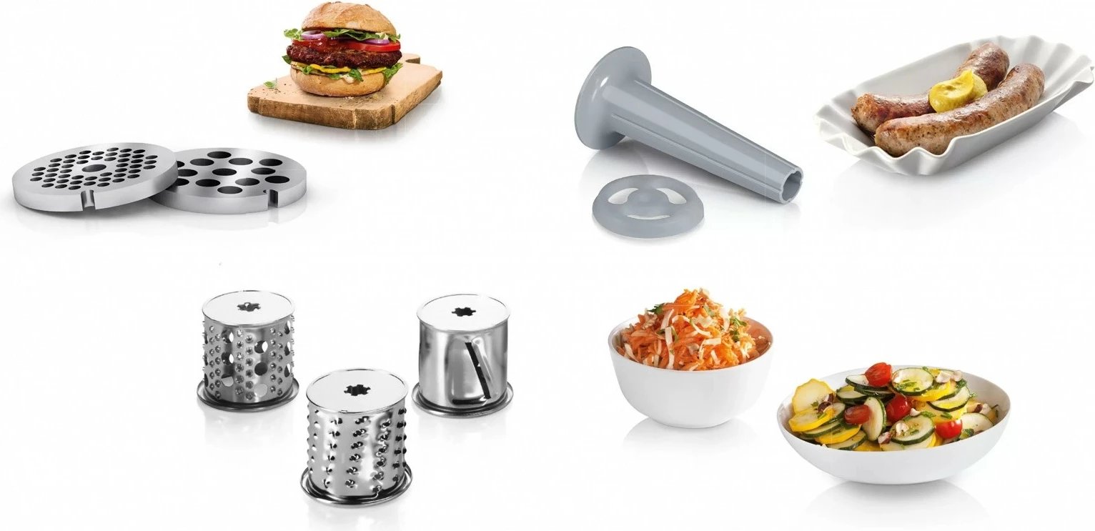 Grirëse mishi, Bosch, MFW2514W, 1500W 1.7 kg/min, sita 3.8/8 mm, me nasadë salsiçe dhe prerëse me 3 daulle, e bardhë