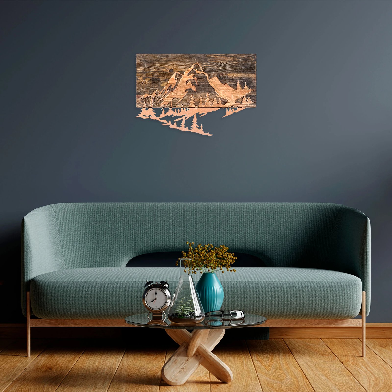 Aksesor dekorativ për mur, dru dhe metal, Wallity, Mountain v2, ngjyrë arre dhe bakri